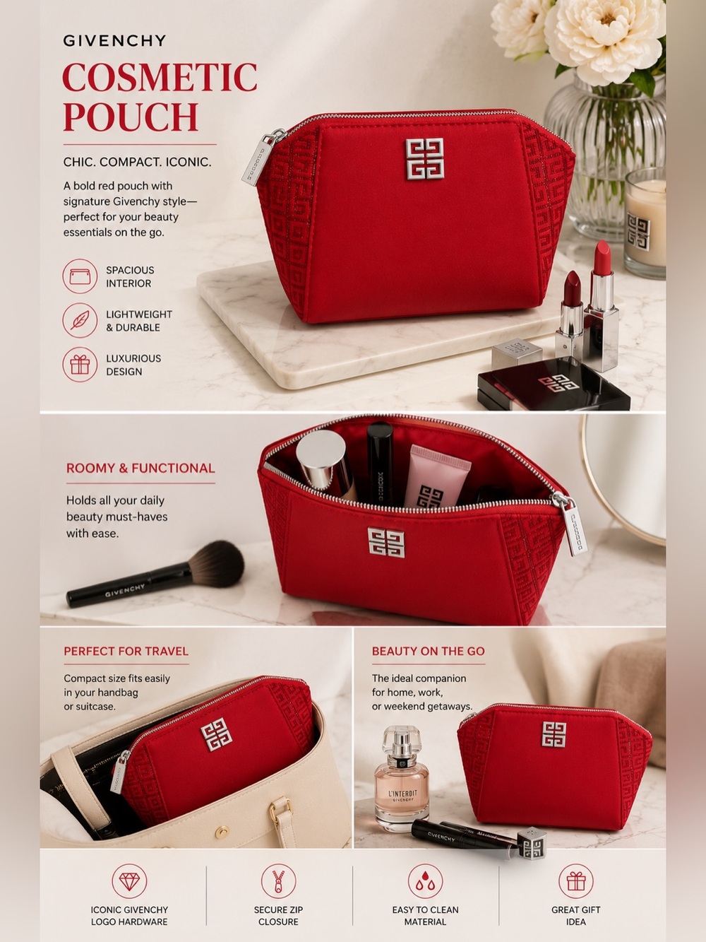 Givenchy Red Cosmetic Pouch with Silver Logo Hardware